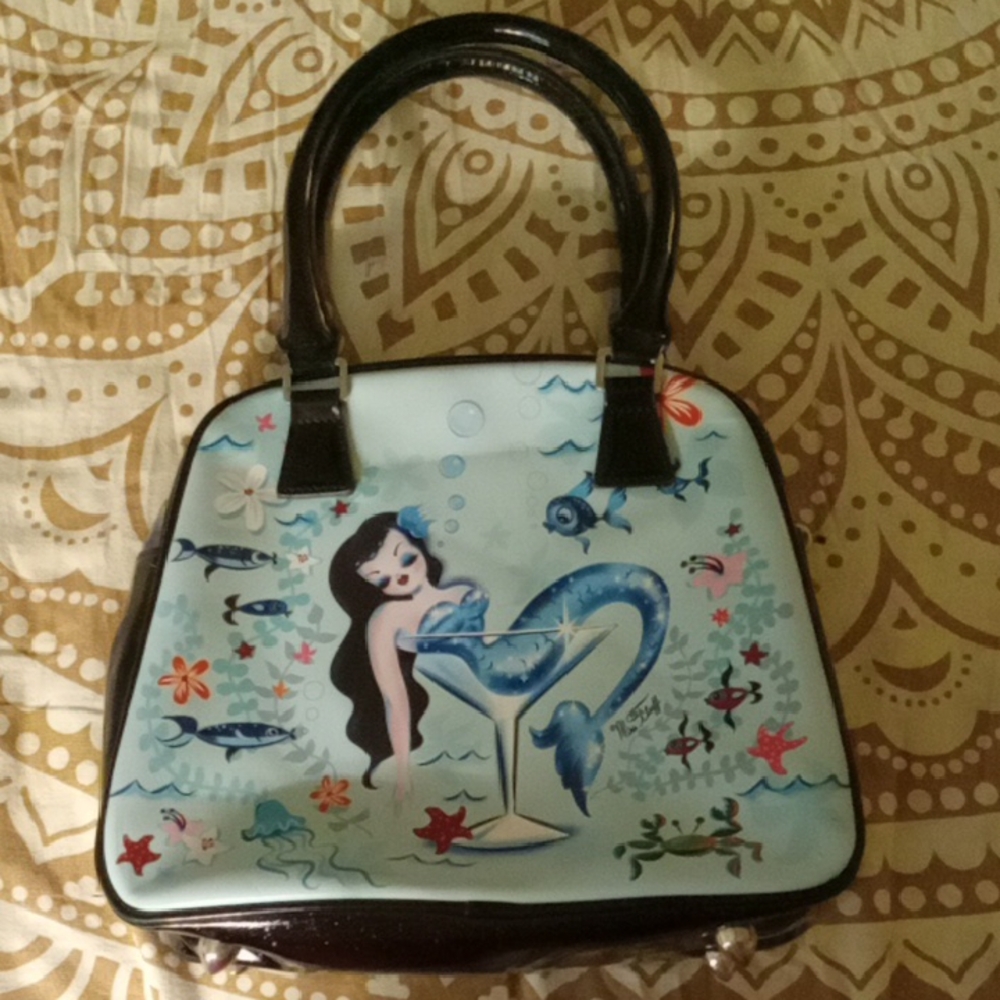 Miss Fluff Mermaid / Ocean Print Handbag - Black Glitter Retro / Pin-Up